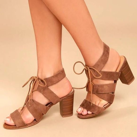 Lulus Jelena Camel Brown Suede Lace Up Chunky Block Heels Size 6 - Picture 4 of 6